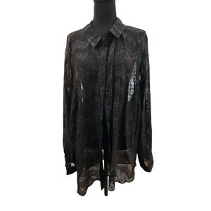 Black Sheer Chevron Sparkle Long Sleeve Button Down Shirt Plus Size 26 28
